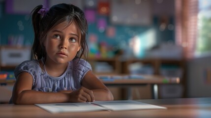 Thoughtful Young Girl Studying in Classroom with Sunlight