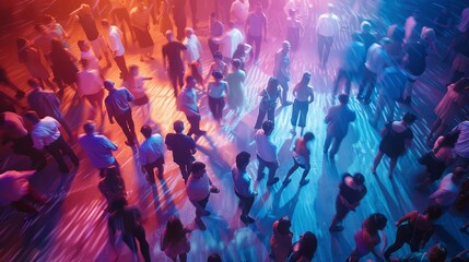 Nightlife Bliss: Elevated Shot of Ecstatic Dancers Amidst Neon Gleam