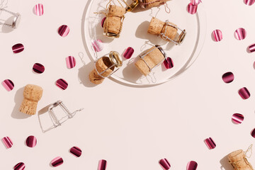 Pattern of champagne corks and bright confetti on pastel color background with sunlight shadow, sun glare. Trend layout of bottle cap cork, top view, minimal flat lay, holiday, celebrate concept