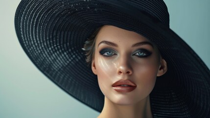 Elegant Woman in Black Wide-Brimmed Hat with Striking Blue Eyes