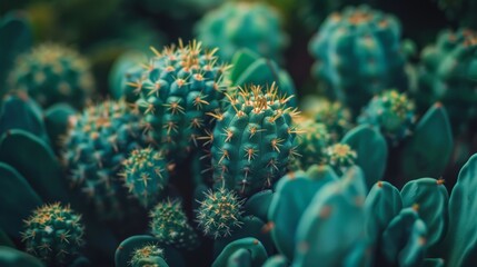 Green Cacti Plants with Yellow Spikes - obrazy, fototapety, plakaty