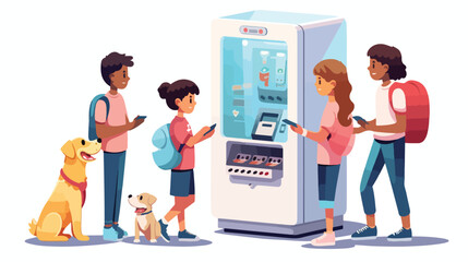 Kids with dog buying snacks at vending machine vect