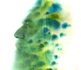 An abstract paintography double exposure profile portrait of an old man