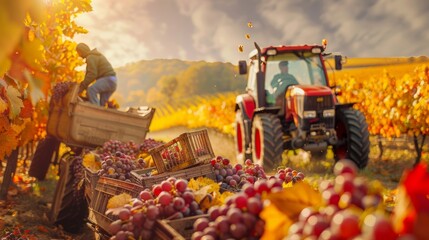 Agricultural Team Working Together in Grapes Harvest