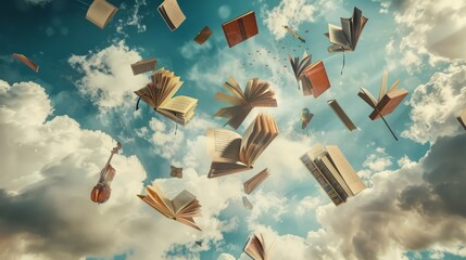 Whimsical Airborne Symphony: Books and Music in Harmony