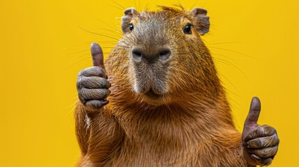 Portrait of a happy capybara holding two thumbs up as a sign of excellent work on an isolated yellow background.