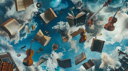 Surreal Dreamscape: Books and Instruments Adrift Among Clouds