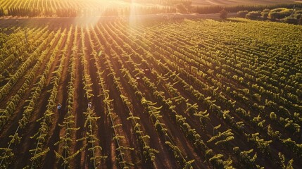 Golden Hour Over Vineyard Aerial View with Ripe Grapes