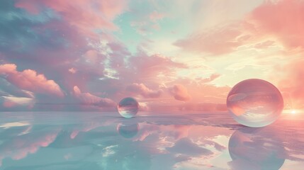 Abstract Reflection of Floating Spheres in Surreal Environs - obrazy, fototapety, plakaty