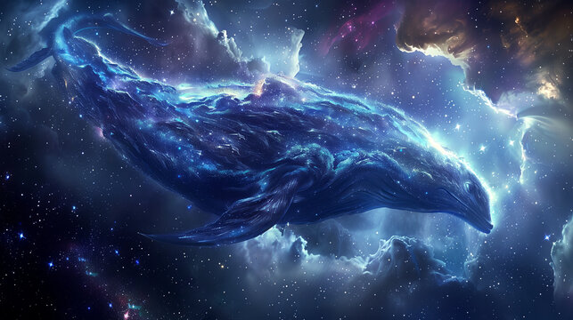 A mysterious creature made of starlight roams the cosmos, loook like a whale in the space