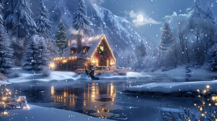Quaint Snow-Covered Cottage Reflecting in Frozen Lake by Moonlight