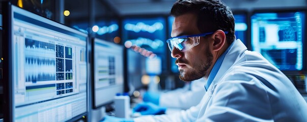 A research scientist analyzing data on a computer screen while working in a modern laboratory setting