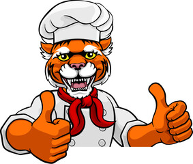 An tiger chef mascot cartoon character peeking round a sign and giving a thumbs up