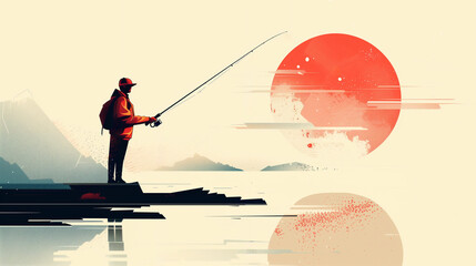 A man is fishing on a pier with a red sun in the background. Perfect for banners, posters, websites, and more. Flat modern illustration.