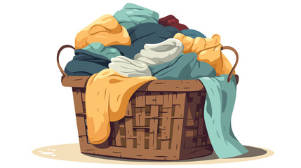 Laundry wicker basket with pile of dirty linen. Ham - obrazy, fototapety, plakaty
