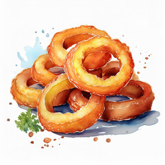 Watercolor painting of onion rings. Tasty fast food. Delicious snack. Hand drawn art
