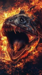 Capture a panoramic view of a monstrous Dunkleosteus lurking in the middle of fiery flames, showcasing intricate scales and menacing eyes