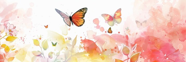 Whimsical watercolor butterflies dancing among soft floral hues, perfect for springtime and nature-inspired themes.
