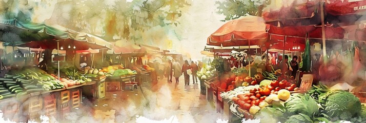 A vibrant watercolor depiction of a lively market scene, evoking the hustle and serenity of everyday commerce.