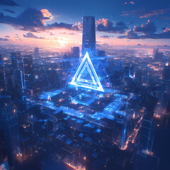 Luminous Triangle Hologram in Futuristic Financial District