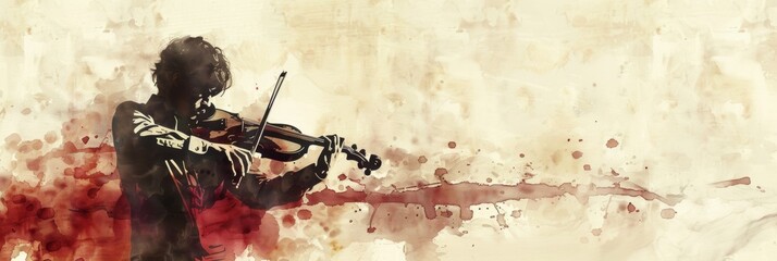 A silhouette of a violinist in passionate play, painted in expressive watercolors. Perfect for music and art themes.