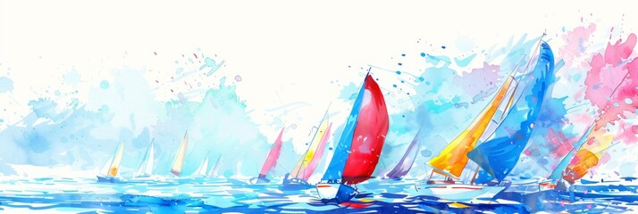 A vibrant regatta scene painted in watercolor, showcasing the lively energy of sailing races, perfect for nautical enthusiasts and art collectors. - obrazy, fototapety, plakaty
