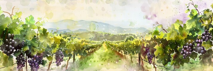 A lush vineyard landscape painted in vivid watercolors, capturing the essence of viticulture and the beauty of rural life.