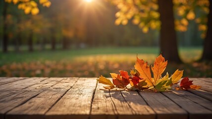 Naklejka na ściany i meble Beautiful empty wooden table with fall green leaves, glowing sun set and blurry seasonal colors