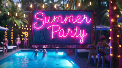 Summer party neon sign on festive party background with swimming pool and people