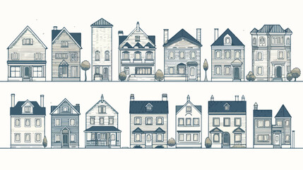 Line art residential house collection. Set of flat