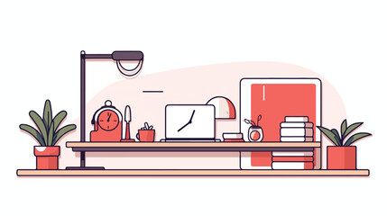 Line art workplace in flat style. illustration of m