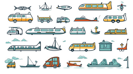 Lineart icon set with ground transport aviation and
