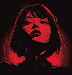 Black and red cyberpunk manga anime of an attractive Asian woman. Portrait of a beautiful Asian woman in noir style. Girl with bob hairstyle. AI generated