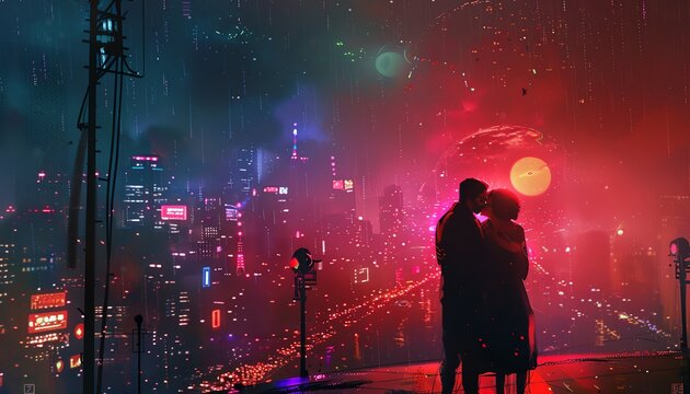 Craft a visually striking scene blending futuristic elements and heartfelt narratives by portraying a holographic projection of a passionate embrace between human and AI