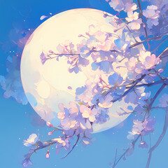 Mesmerizing Nighttime Scenery with Pink and White Cherry Blossoms in Bloom against a Full Moon