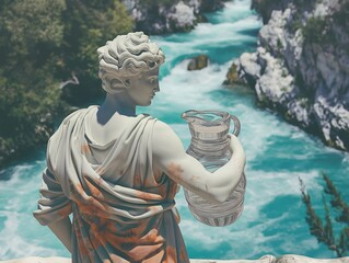 A statue of a man holding a pitcher of water. The statue is located near a river