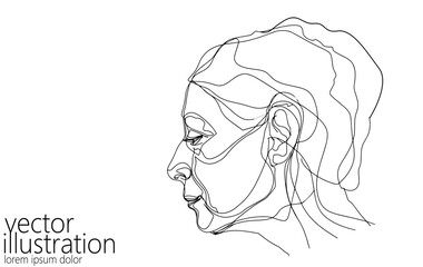  Continuous one single line art beautiful old woman face concept. Female portrait adult skin care anti aging effect hand drawn sketch. Black white monochrome vector illustration