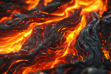 Textured surface of molten lava, featuring glowing orange hues and flowing streams. Molten lava textures offer a dramatic and intense backdrop