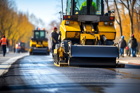 Road roller machine is carrying out asphalting of road construction. Generative AI