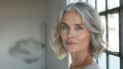 blond, beautiful woman with a strong-willed face looks at the camera.