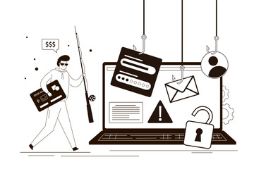 Cyber thief, hacker uses fishing rod and hooks for stealing passwords and information. Phishing account data on computer laptop, cyber security and crime concept.