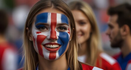Happy CROATIA woman supporter with face painted in CROATIA flag , CROATIA fan at a sports event such as football or rugby match euro 2024, blurry stadium background