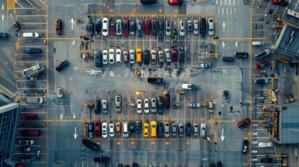 Aerial view of cars parked at a bustling international airport.