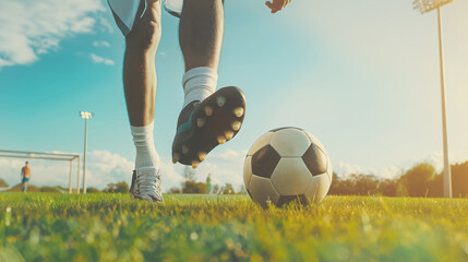 Close up of soccer player feet next to ball on sunlit field. Game preparation in outdoor stadium...