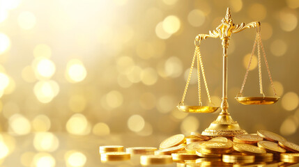 Golden scales of justice on bokeh background with scattered coins. Symbol of law, balance and wealth