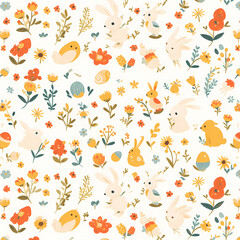 Bright and Festive Easter-Themed Seamless Design with Adorable Bunnies and Floral Elements