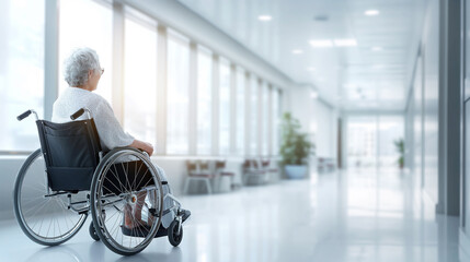 Senior woman in wheelchair looks out bright hospital corridor. Quiet reflection in modern healthcare setting - Powered by Adobe