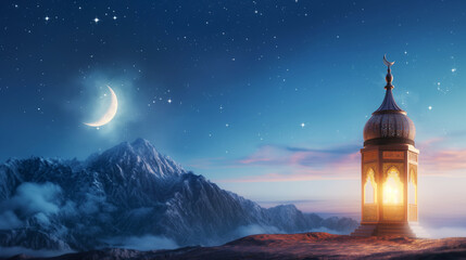 Illuminated lantern overlooking a mountain under a crescent moon and starry sky. Symbolizing peace, Ramadan, and spirituality