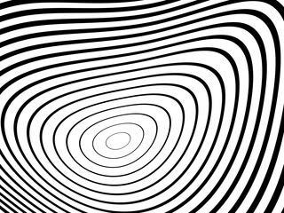 Abstract hypnotic wave pattern with black-and-white striped lines. Psychedelic background. Op art, optical illusion. Modern design, graphic texture.