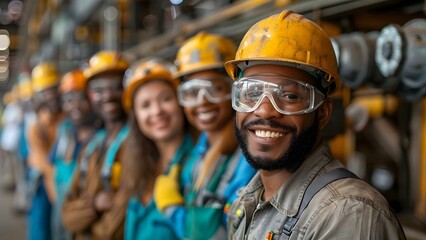 A Diverse Group of Factory Workers in Safety Gear Standing Together and Smiling. Concept Factory workers, Safety gear, Diverse group, Smiling, Team photo